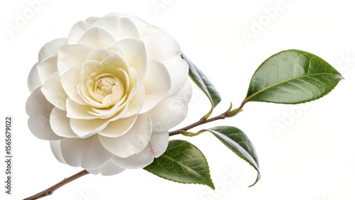 Close up of a white camellia flower with layered petals and green leaves on a thin brown stem isolated created with generated ai