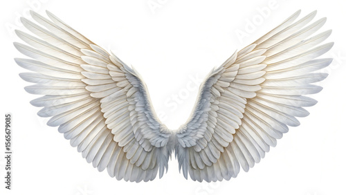 A pair of large white wings spread wide with detailed feather patterns against a bright white background created with generated ai