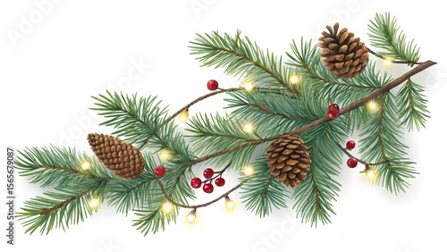 A festive evergreen branch adorned with pine cones, red berries, and warm glowing string lights display created with generated ai
