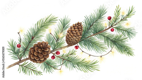 Watercolor painting of a pine branch with pine cones berries and string lights on a white background created with generated ai