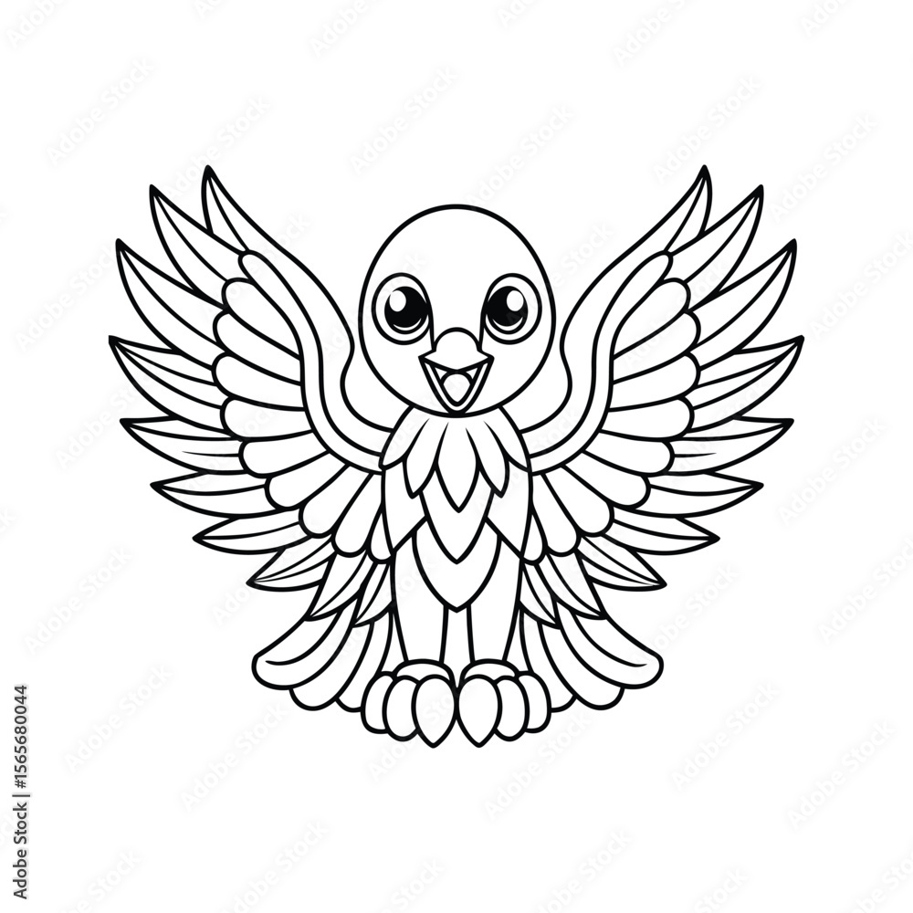 Obraz premium Baby eagle spreading wings with playful look for kids coloring book Vector illustration