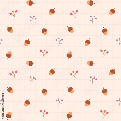 A seamless autumn pattern with acorns and berries on a light cream background with a grid. Perfect for autumn textiles, wallpapers, bed prints, pyjamas, umbrellas, raincoats, bedding