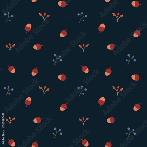 Seamless autumn pattern with acorns and berries on a dark background. Suitable for autumn textiles, print for umbrellas, bedding, bedspread, wallpapers, cover