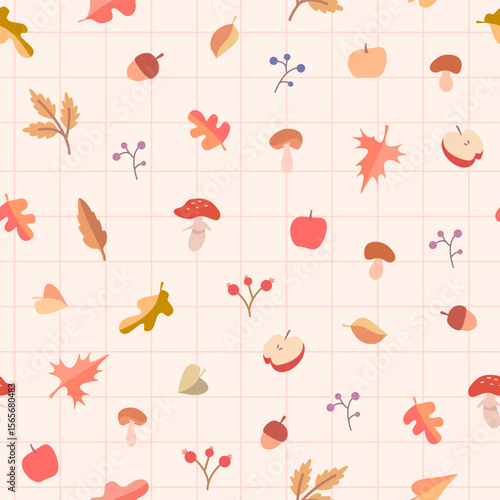 Cute autumn pattern in cartoon style with leaves, mushrooms, apples, acorns, berries on a light background with a grid. Great for tablecloths, clothes, banners, prints, stationery, wallpapers