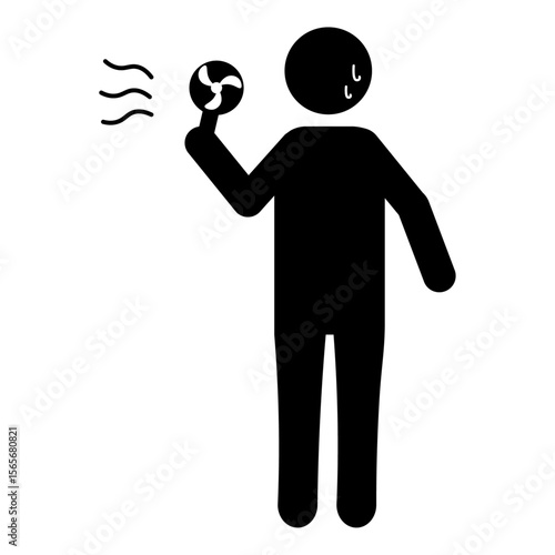 汗をかいた人物がハンディ扇風機で涼むピクトグラム