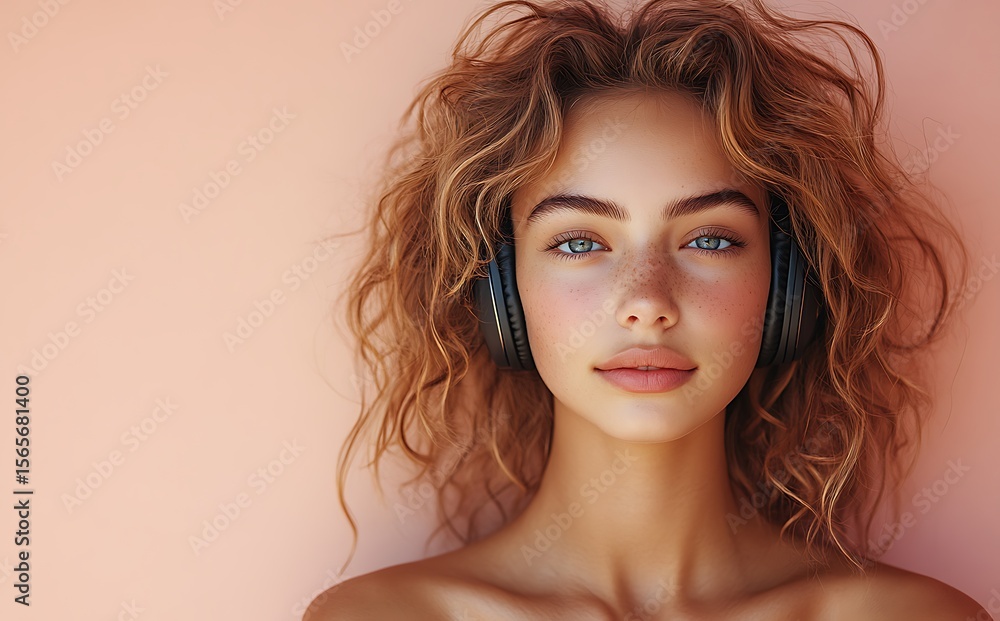 Naklejka premium Woman with Curly Hair and Headphones