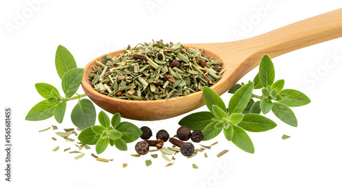 A wooden spoon filled with mixed dried herbs and spices, surrounded by fresh green leaves, on a clean white background