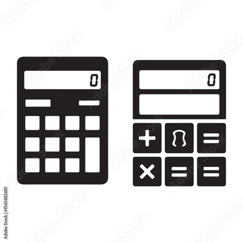 Monochrome Calculator Icons Depicting Basic Arithmetic Functions for Mathematical Computations and Financial Calculations in a Flat Design