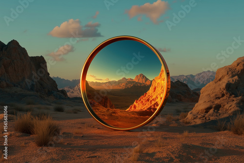 Surreal photorealistic mirror in the desert revealing a parallel fantasy dimension