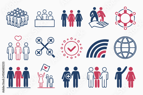 gender equality, community teamwork, diversity and collaboration Icon set, inclusion, partnership, human connection, justice, and unity for social issues, human rights, equality, gender roles, 