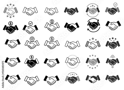 Creative handshake icon set represents business agreements and collaborations with unique, engaging designs.