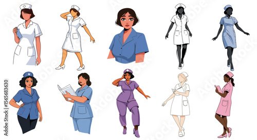 Diverse Nurses A Collection of Illustrated Portraits and Poses for Healthcare Professionals