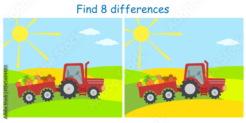 Logical puzzle game. Find 8 differences in pictures with a rural landscape and a red tractor transporting crops on a cart. Vector illustration for children's development.