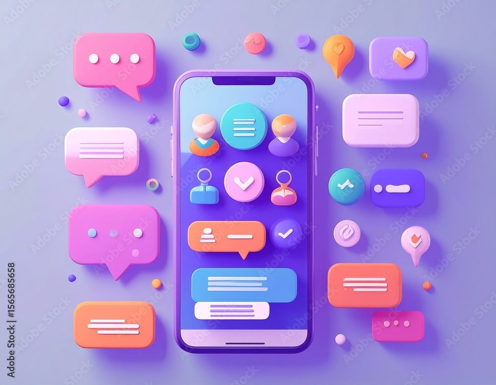 A stylized smartphone surrounded by colorful chat bubbles and interface elements, representing digital communication. A stylized smartphone surrounded by colorful chat bubbles and interface elements, representing digital communication.