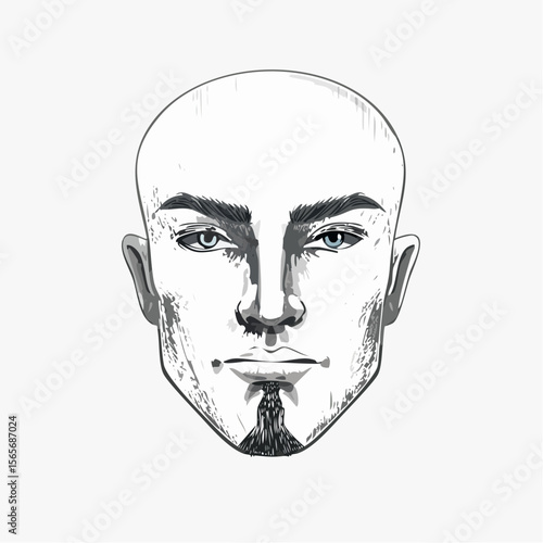 Bold vector portrait of a bald man with intense deep-set eyes, done in a single continuous line on white. Minimal and sculpted.