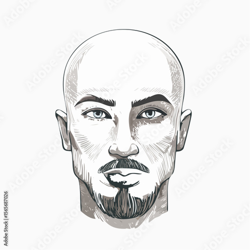 Bold vector portrait of a bald man with intense deep-set eyes, done in a single continuous line on white. Minimal and sculpted.