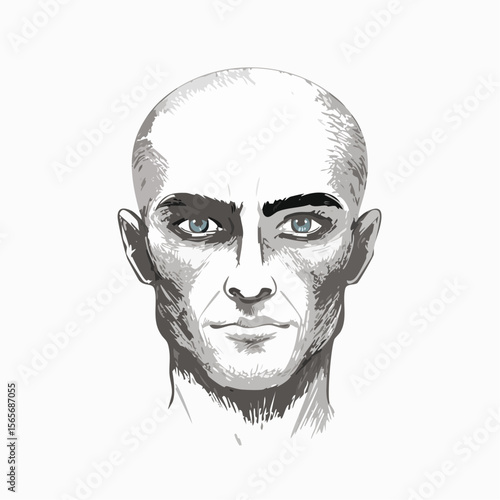 Bold vector portrait of a bald man with intense deep-set eyes, done in a single continuous line on white. Minimal and sculpted.