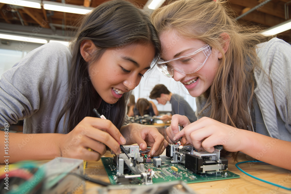 Fototapeta premium Robot Girls building arm, soldering in high school STEM class