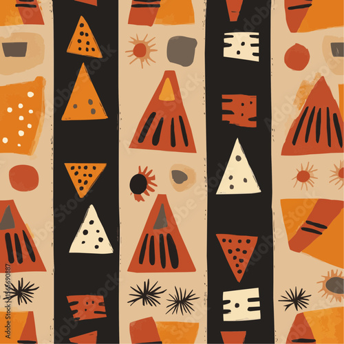 Playful flat African-inspired geometric pattern with simple shapes and warm earthy colors for packaging, children’s decor, digital backgrounds and craft designs