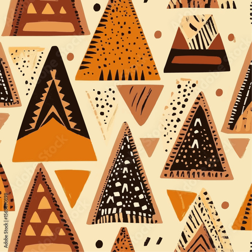 Bold flat African ethnic pattern with geometric shapes and warm earthy colors for packaging, textile design, digital papers and craft projects