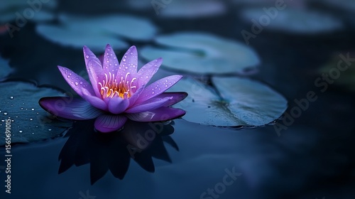 A lone purple lotus flower adorned with water droplets on its petals drifts peacefully in a calm pond, set against a gentle, blurred backdrop and mirrored in the water