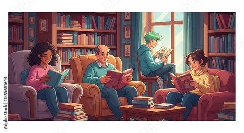 Diverse group engrossed in reading books within a cozy, book-filled library.
