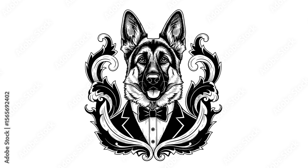 Fototapeta premium German shepherd dog in tuxedo with ornate floral design background 