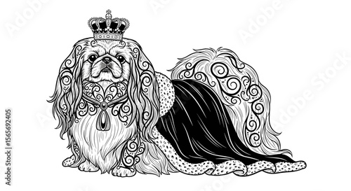 Royal dog wearing a crown and elegant gown in detailed illustration  