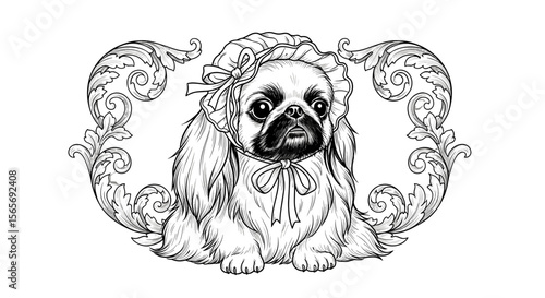 Pekingese dog wearing a bonnet with ornate floral background  