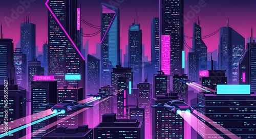 Futuristic cityscape at night featuring flying vehicles, illuminated skyscrapers, and vibrant neon lights.