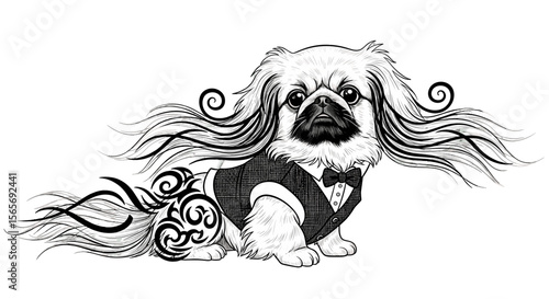 Pekingese dog with flowing hair in tuxedo posing elegantly  
