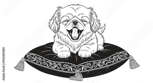 Happy puppy yawning while lying on decorative cushion 