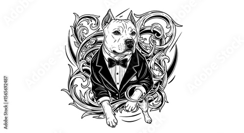 Dog in tuxedo with decorative swirls in black and white design  