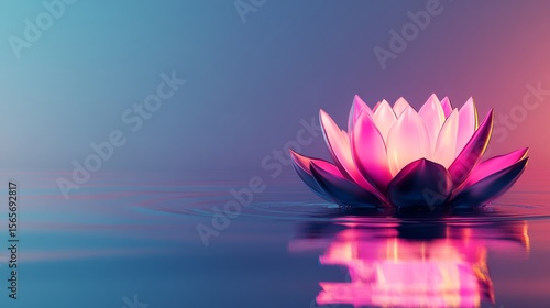 The image of a glowing lotus flower reflecting in water is filled with vibrant colors