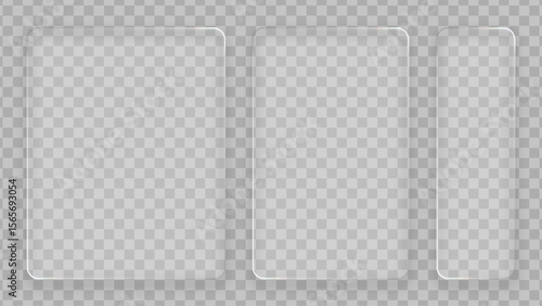 Three liquid glass frames with rounded corners. Realistic glassy transparent rectangle panels for a display or a screen.