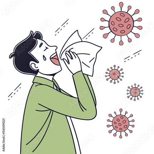 Person Sneezing with Tissue & Virus Particles - Cold & Flu Illness Vector