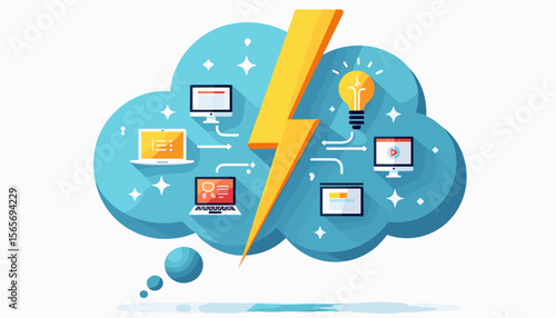 Idea sparks with lightning bolt in thought cloud, creativity concept