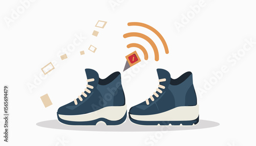 Smart shoes emitting data signals on white background, technology concept