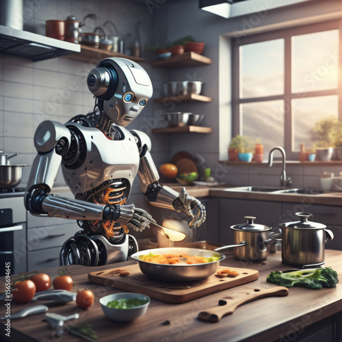 AI-generated image of a robot cooking in a modern kitchen, representing the future of automation and smart technology in culinary arts. The scene highlights innovation, robotics, ia