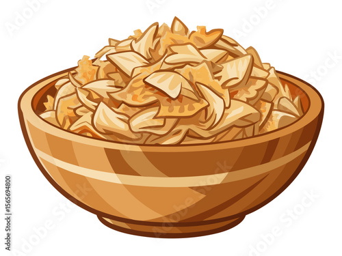 vector of Wooden bowl full of chopped chicken. This bowl is made of light colored wood and has a smooth finish. grated chicken