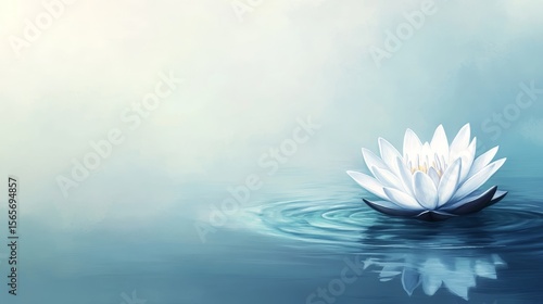 A blue lotus flower of serene beauty floats on water that is perfectly tranquil, creating ripples that enhance its peaceful ambiance
