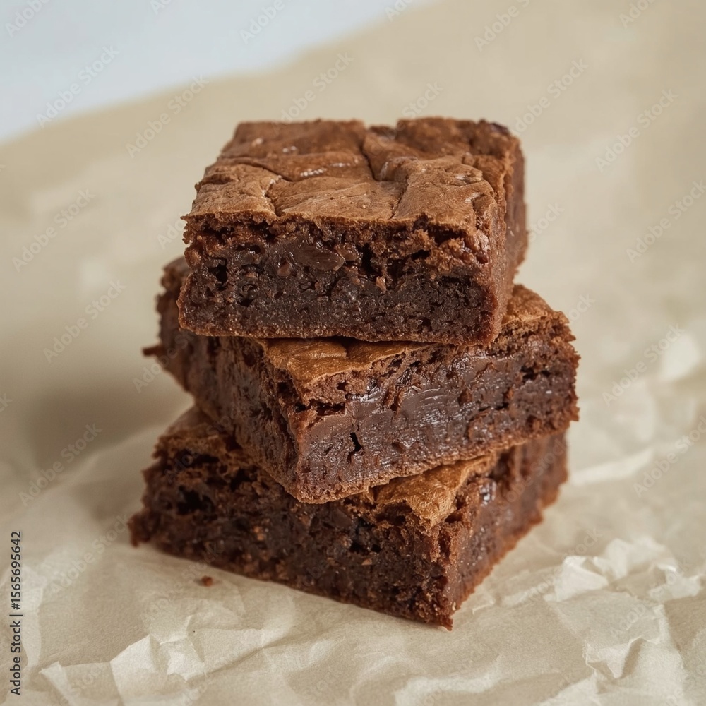 Three Stacked Fudgy Brownies with Glossy Cracked Top on Crinkled Parchment Paper Three Stacked Fudgy Brownies with Glossy Cracked Top on Crinkled Parchment Paper