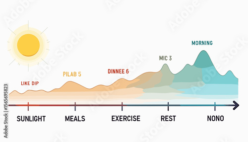 Daily routine infographic illustrating sunlight, meals, and activity levels