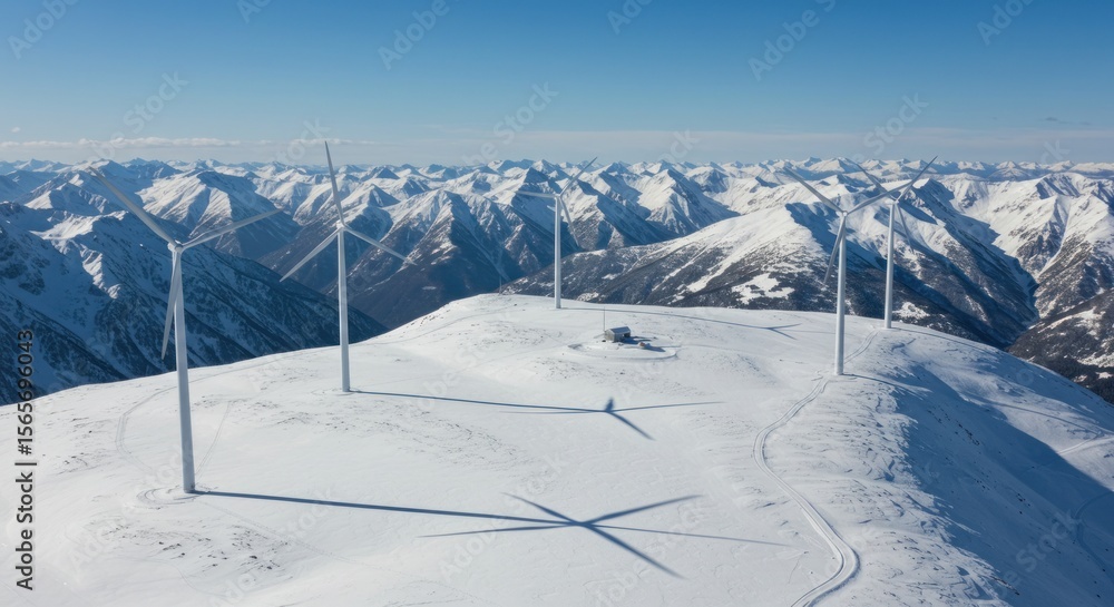 Wind turbines harnessing renewable energy atop snow covered alpine landscape Wind turbines harnessing renewable energy atop snow covered alpine landscape