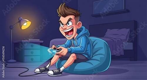 Cartoon boy intensely engrossed in a video game, seated in a beanbag chair in a dimly lit bedroom.