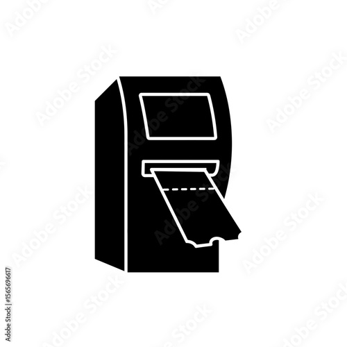 ATM machine printing receipt in black silhouette design, white background, vector  