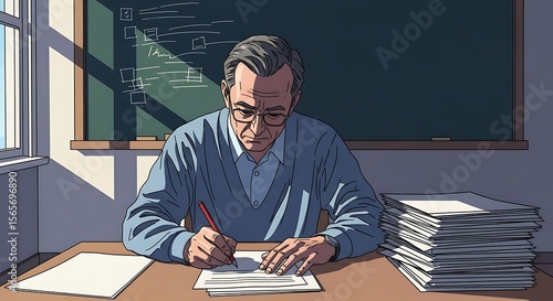 A teacher meticulously grades papers at his desk, bathed in sunlight.
