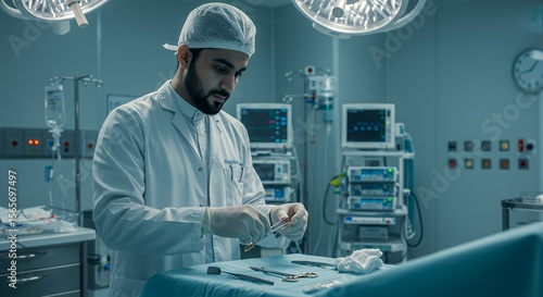 Focused surgeon prepares surgical instruments in a modern operating room, showcasing precision and sterile environment.