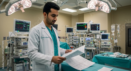 Focused surgeon reviews medical charts in a modern operating room, preparing for a complex procedure.