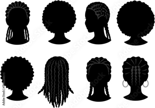 Set of silhouette afro girl. Collection of black woman face with stylized hairstyle. Vector illustration of girl head with stylized haircut.
